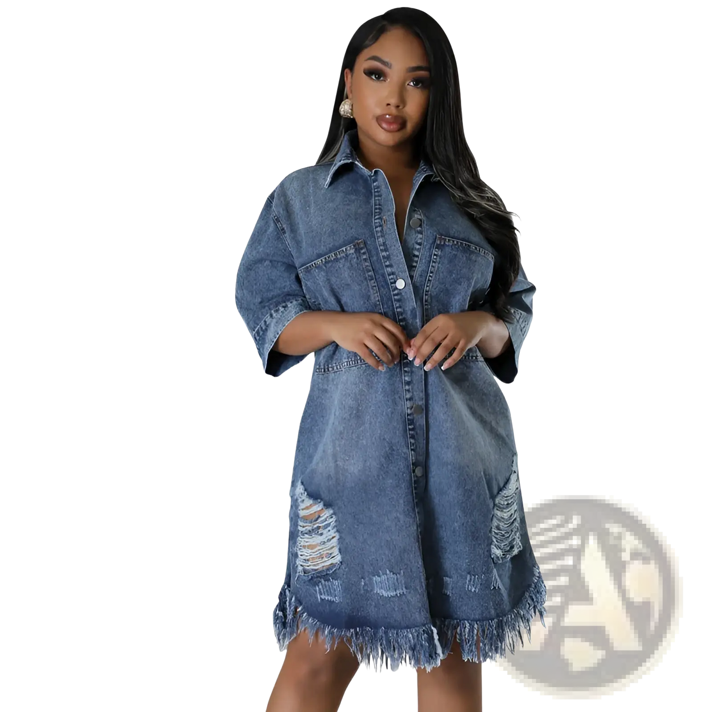 Distressed Frayed Hem Denim Midi Shirt Dress