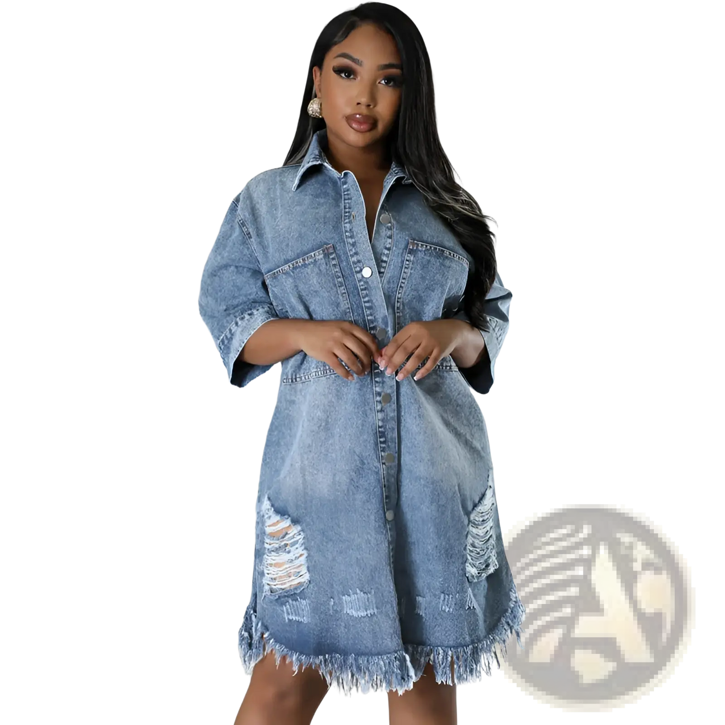 Distressed Frayed Hem Denim Midi Shirt Dress