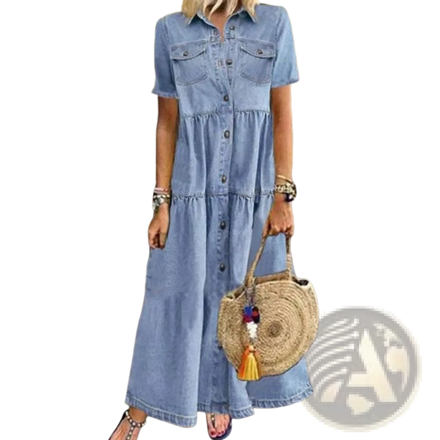 Distressed Multi Buckle Tiered Denim Maxi Shirt Dress