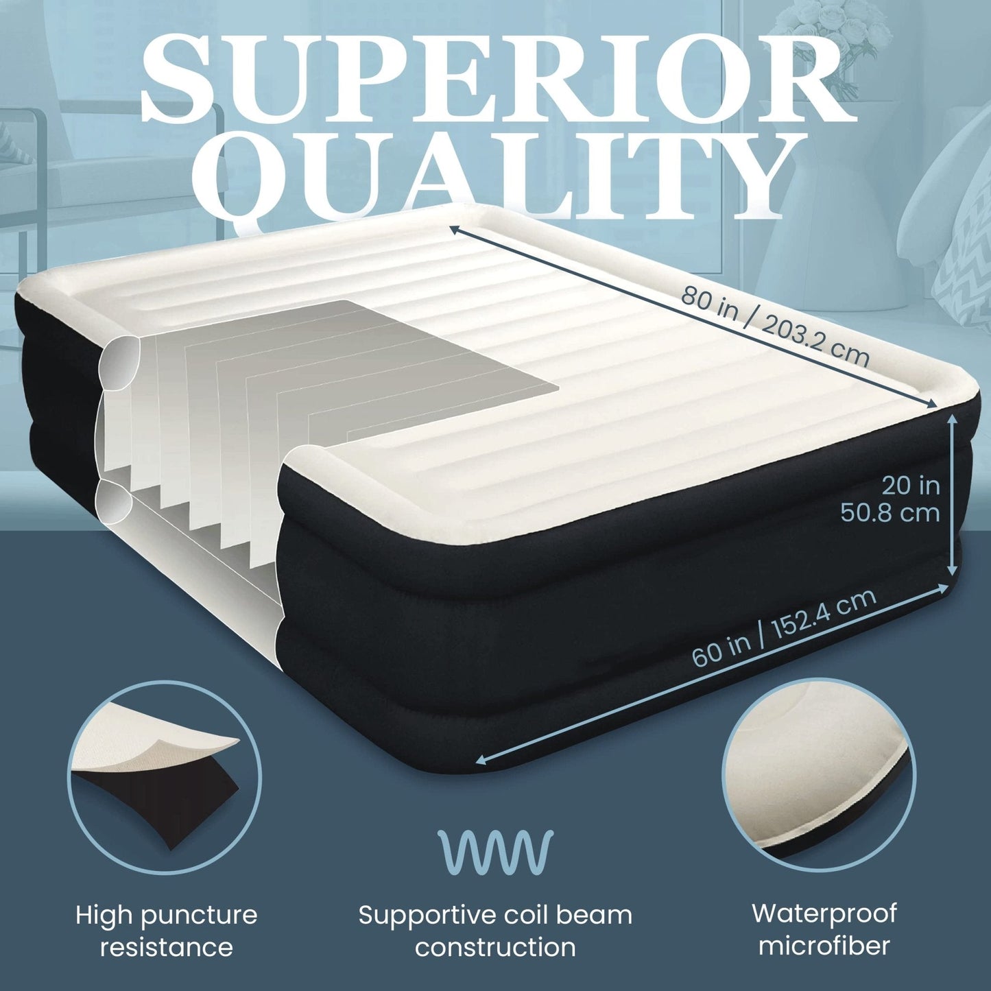 Cama inflável dupla alta para casa, viagens e acampamento 
