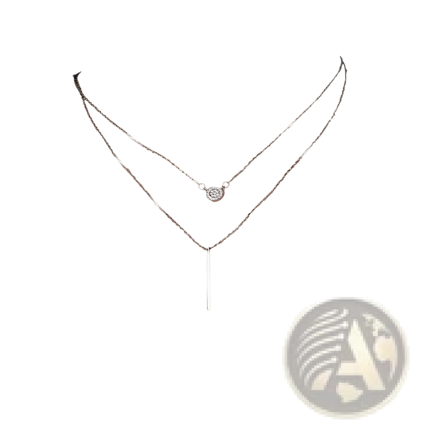 Double Layer Silver Pave Zircon Round and Bar Pendant Necklace