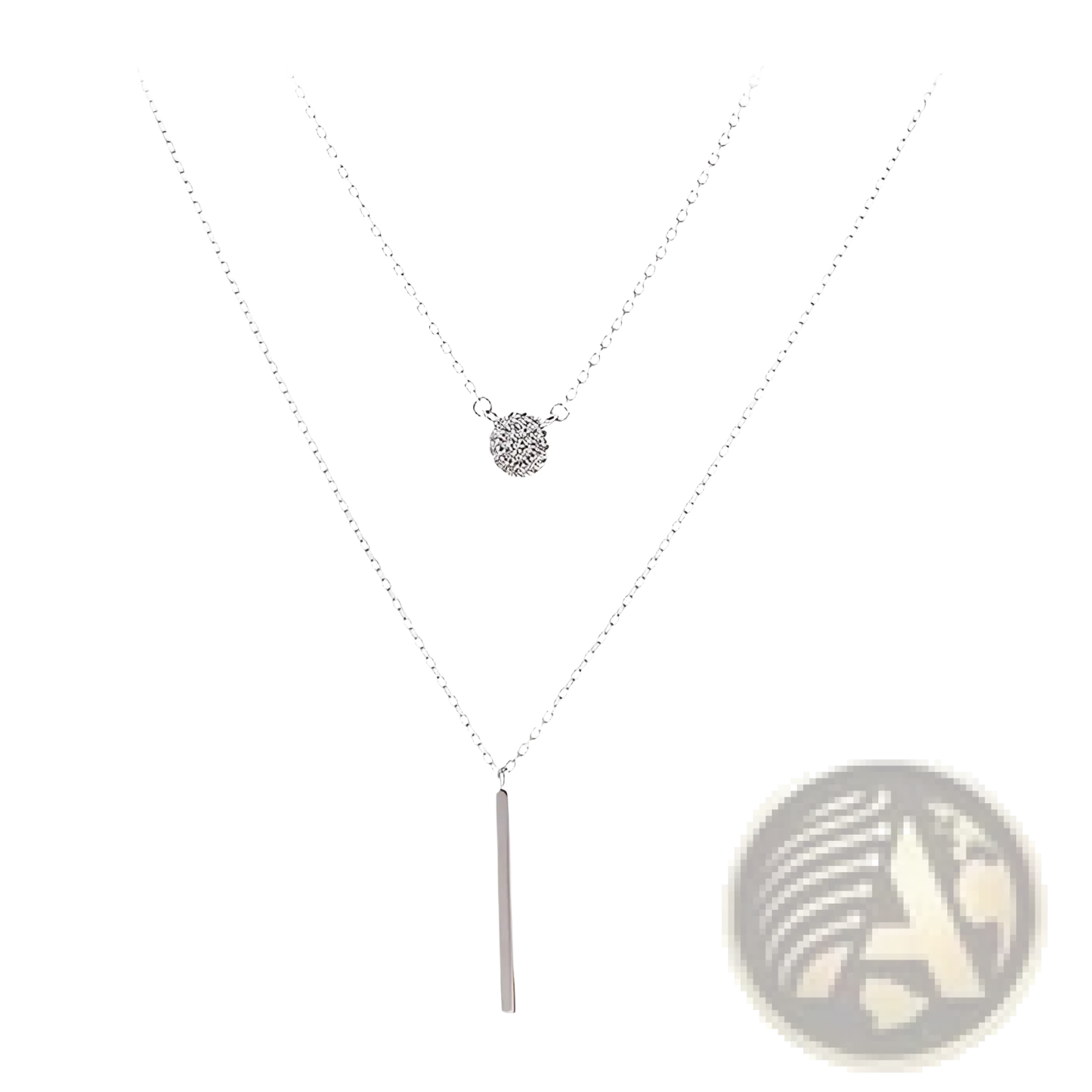 Double Layer Silver Pave Zircon Round and Bar Pendant Necklace