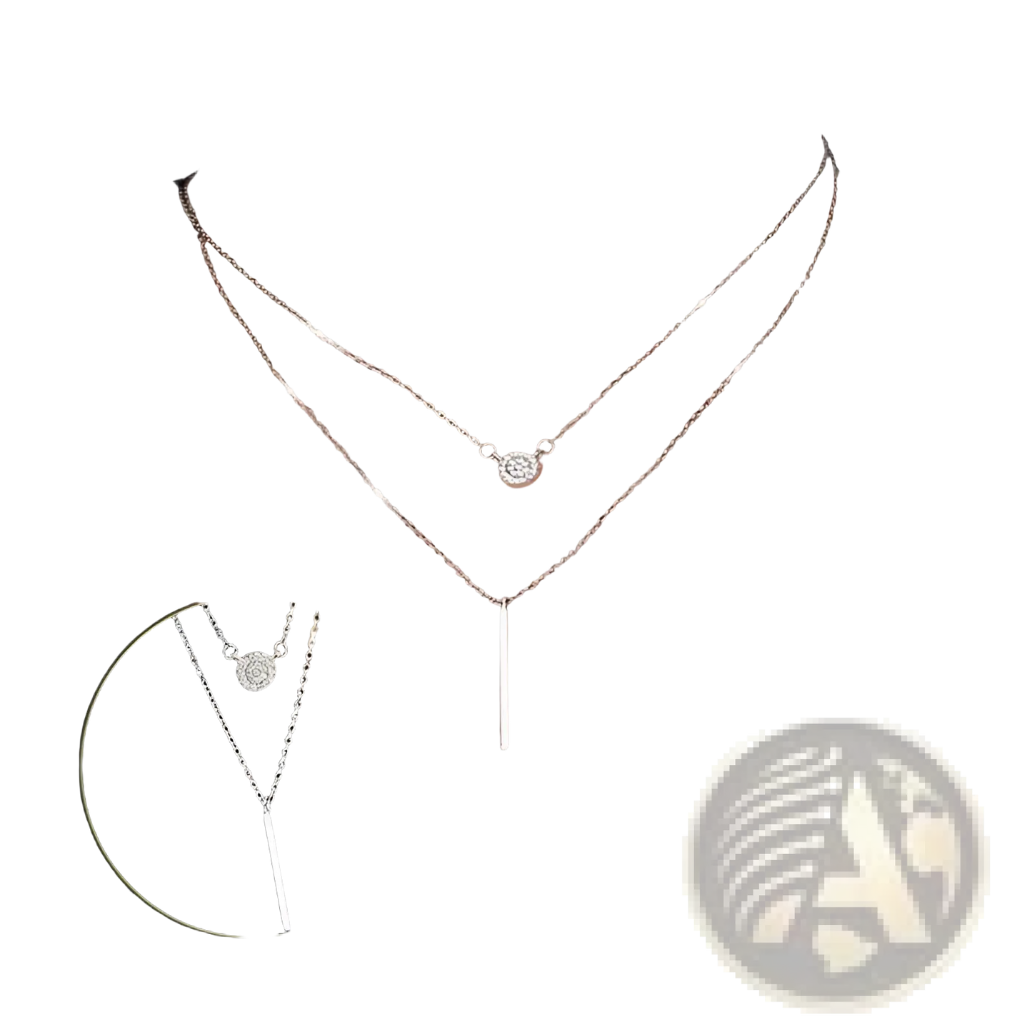 Double Layer Silver Pave Zircon Round and Bar Pendant Necklace