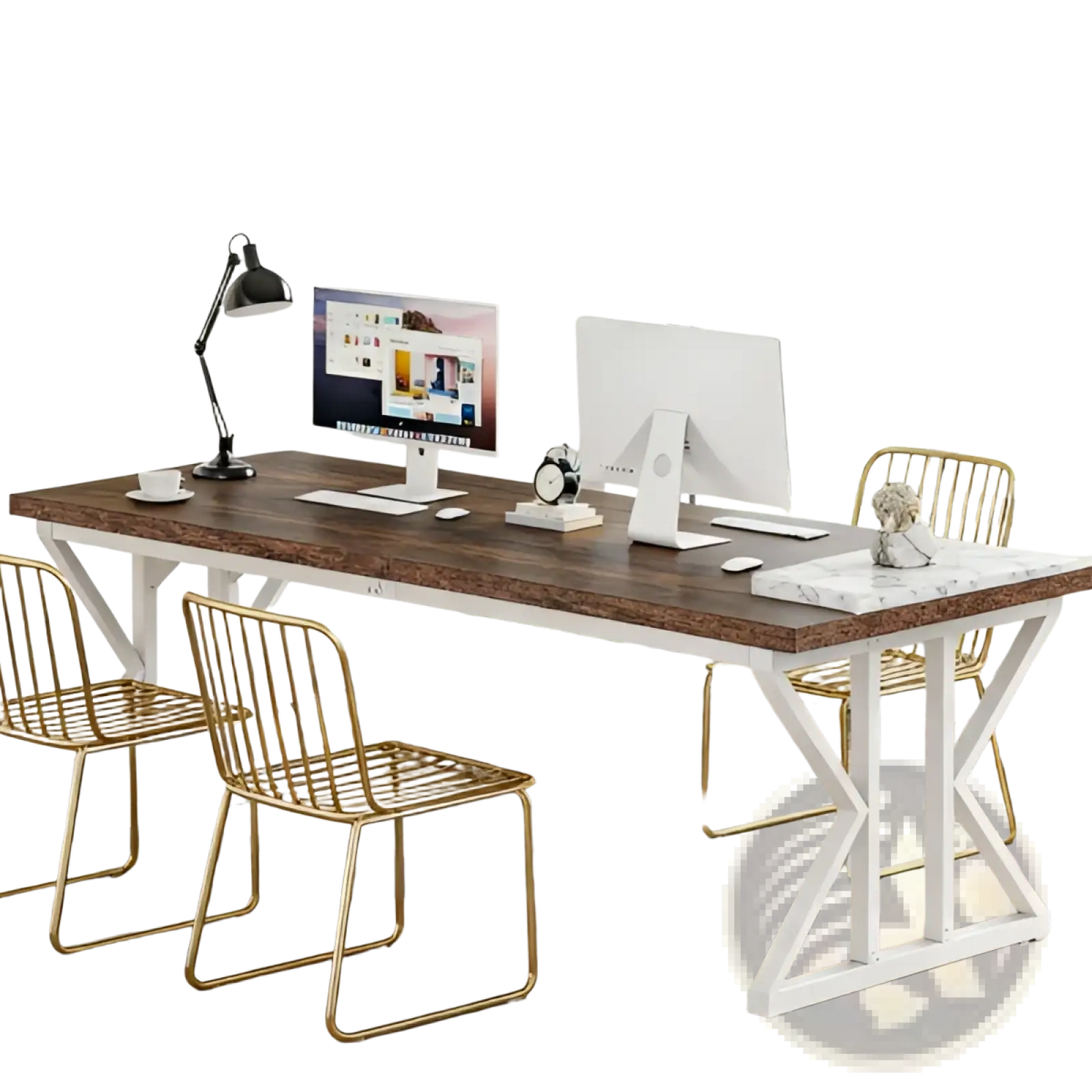 Double Monitor Desk 78 Inch Two Person Dark Wood White x Leg