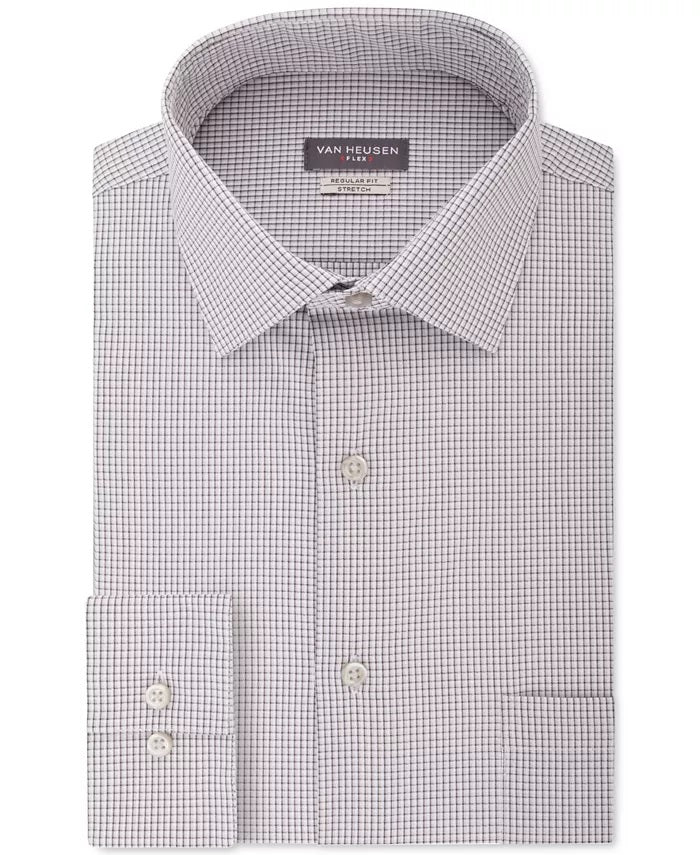 Camisa social masculina Van Heusen Classic/Regular Fit com gola flexível e xadrez elástico, cinza, tamanho 32-33