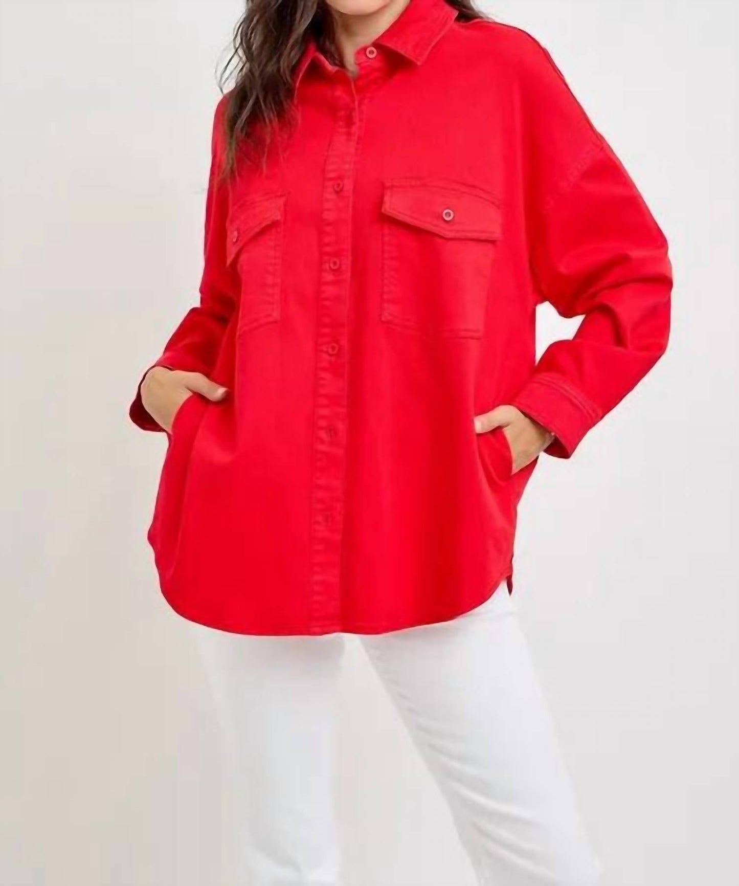 Risen - Button Down Long Sleeve Denim Shacket With Chest Pockets