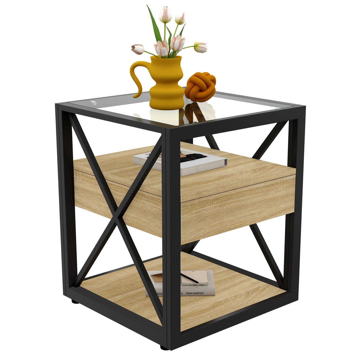 1 Piece Modern End Table with Drawer - Natural Wood & Tempered Glass