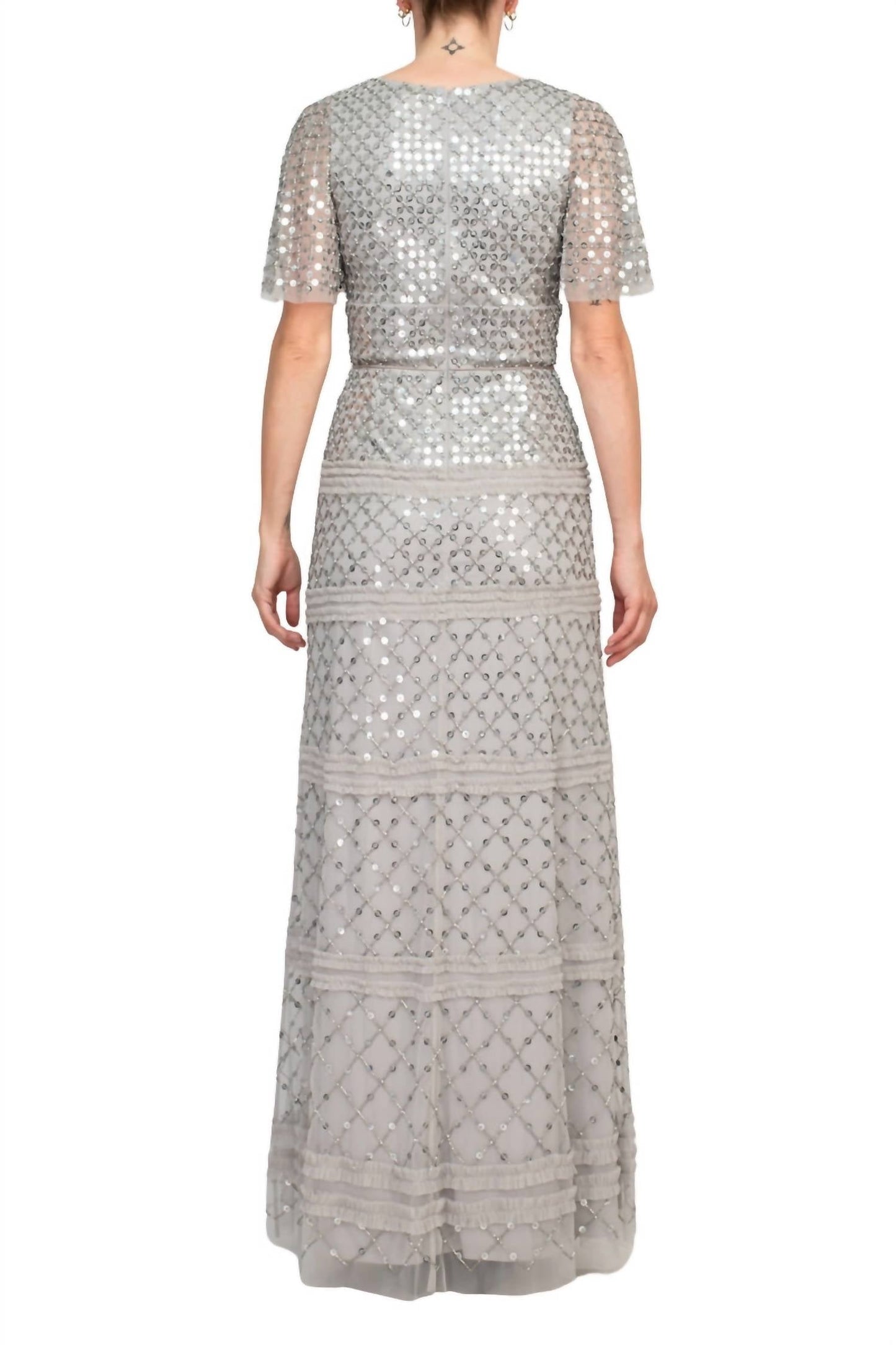 Aidan Mattox - V-neck Sequined Piping Detail Mesh Gown
