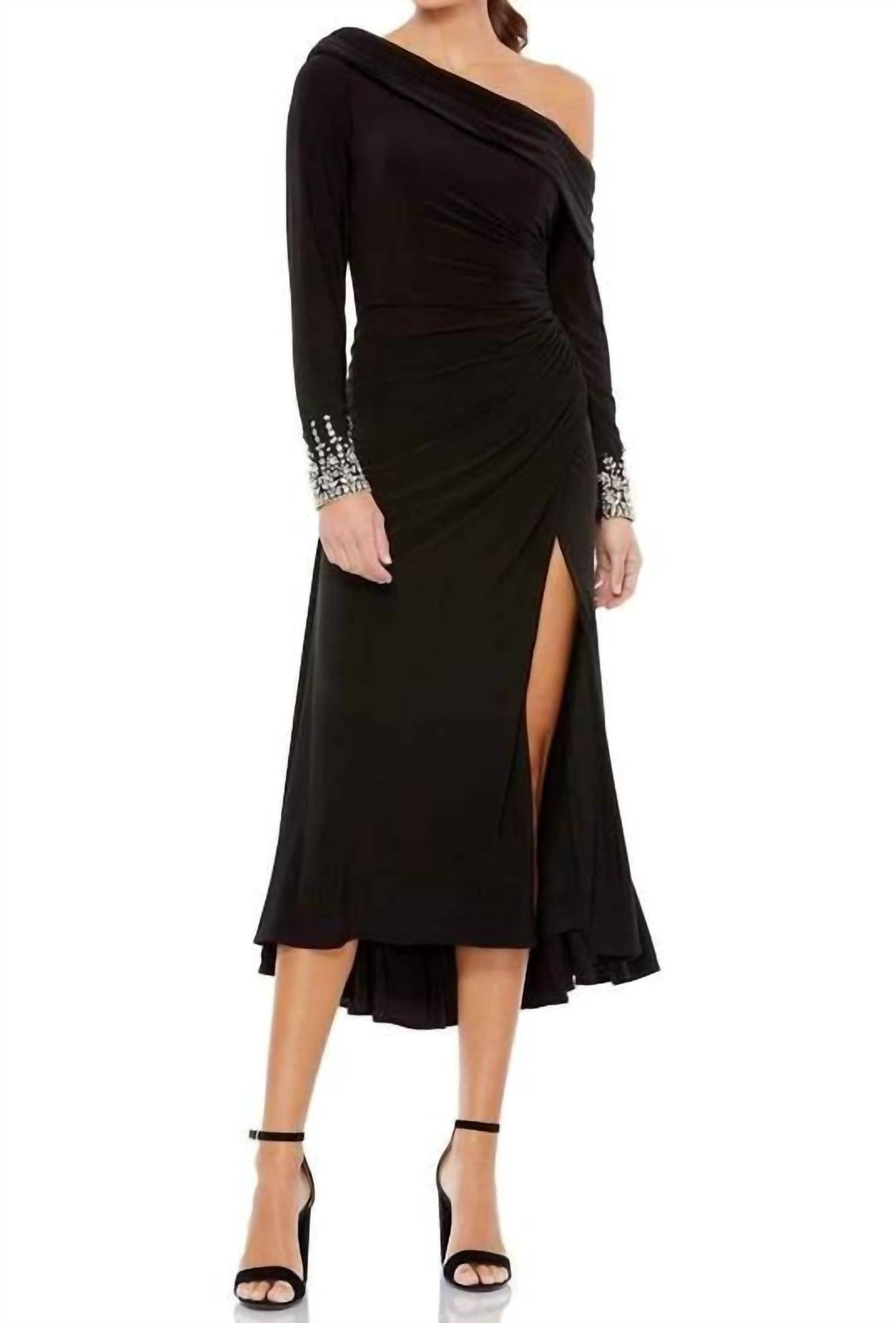 Mac Duggal - Foldover Long Sleeve Jeweled Midi Dress