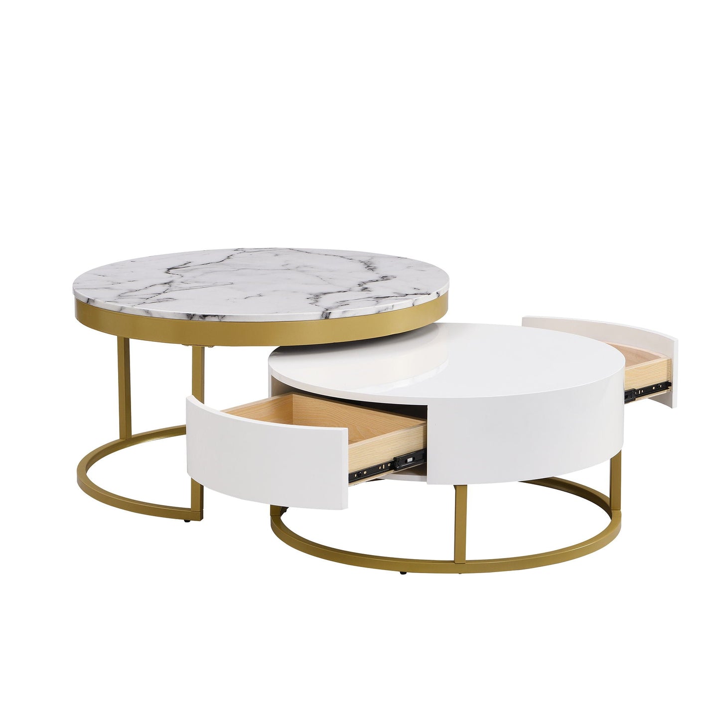 Round Nesting Coffee Table with Drawers - Golden / White