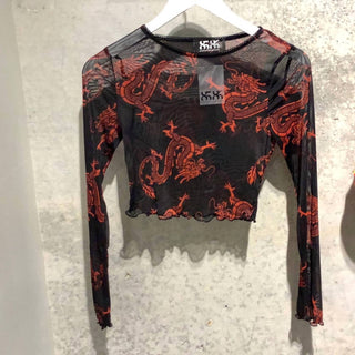 8586 - Top curto feminino de malha com estampa de dragão chinês