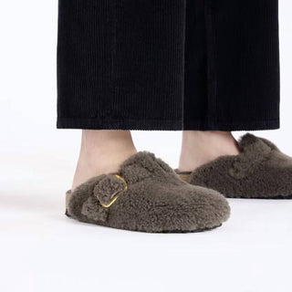 Birkenstock - Sandálias femininas Boston Big Buckle Shearling estreitas