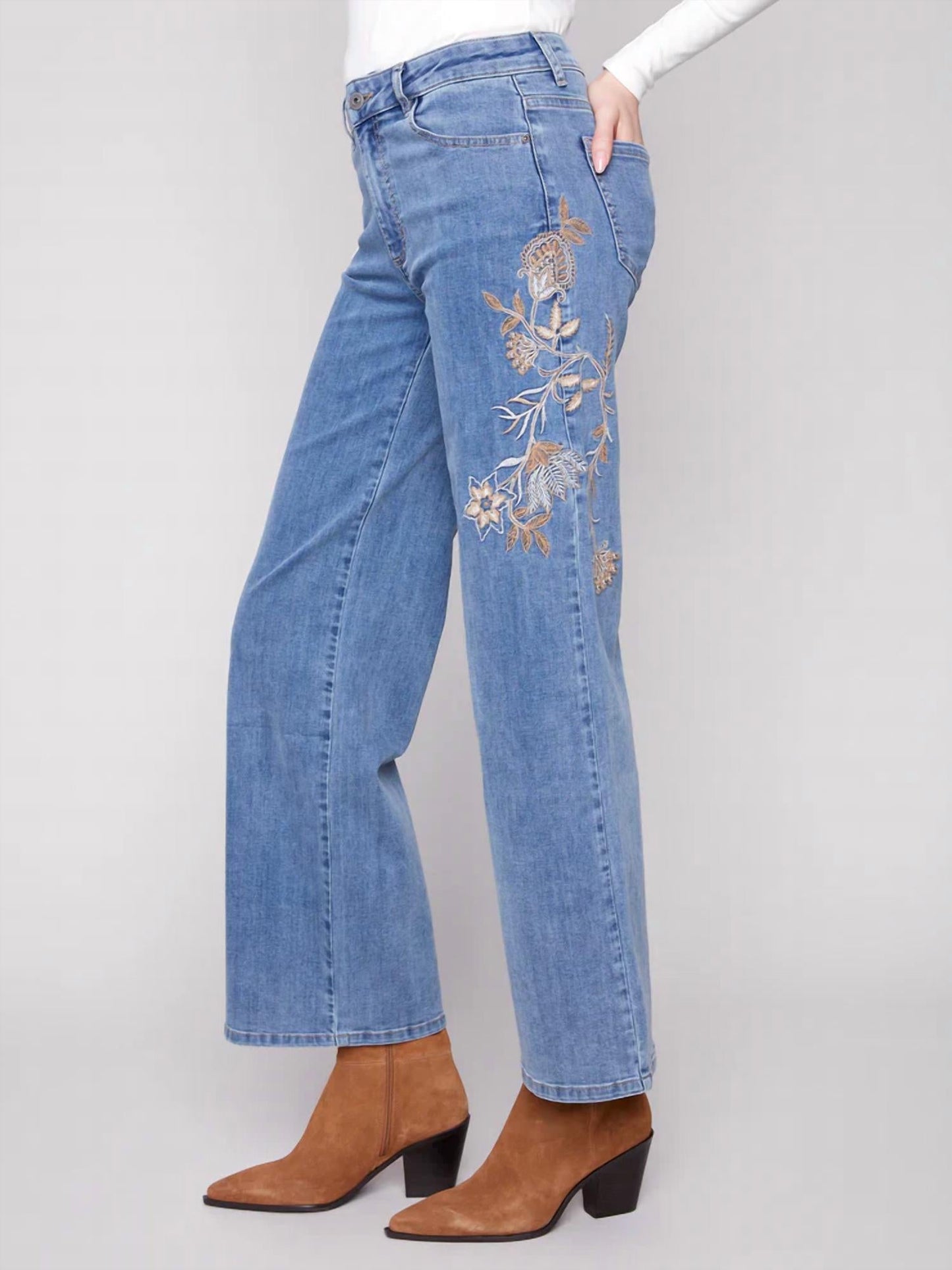 Charlie B - Embroidered Wide Leg Jeans With Flowers