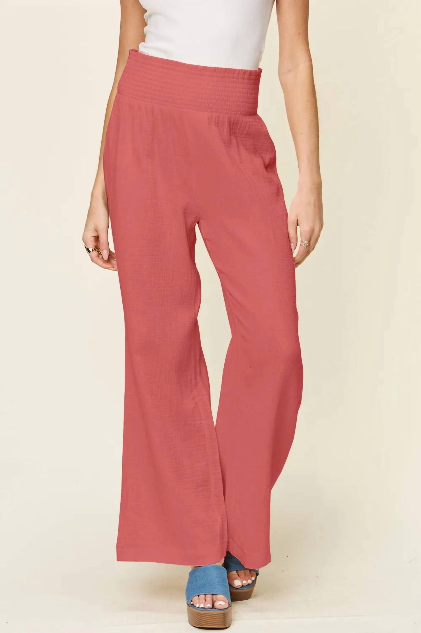 Double Take - Women's Full Size Texture Smocked Waist Wide Leg Pants