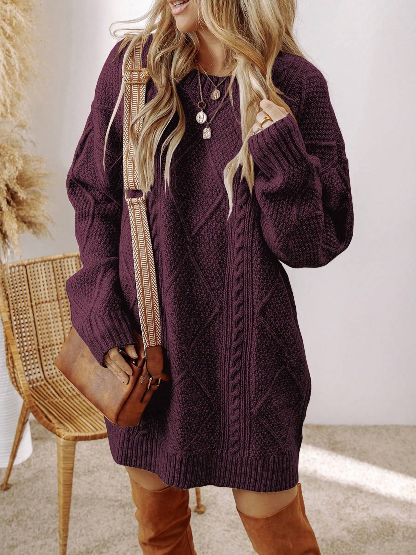 1 The Woman - Cable Knit Drop Shoulder Loose Fit Sweater Dress