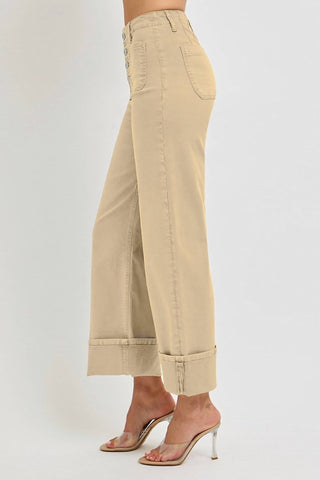 Risen - Calça Jeans Latte de Cintura Alta com Punho