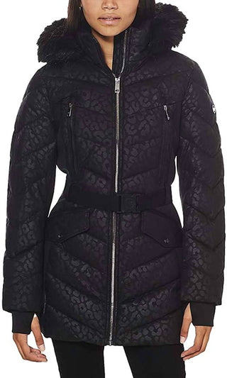 Michael Kors - Logo Leopard Belted Hooded Down Puffer Coat