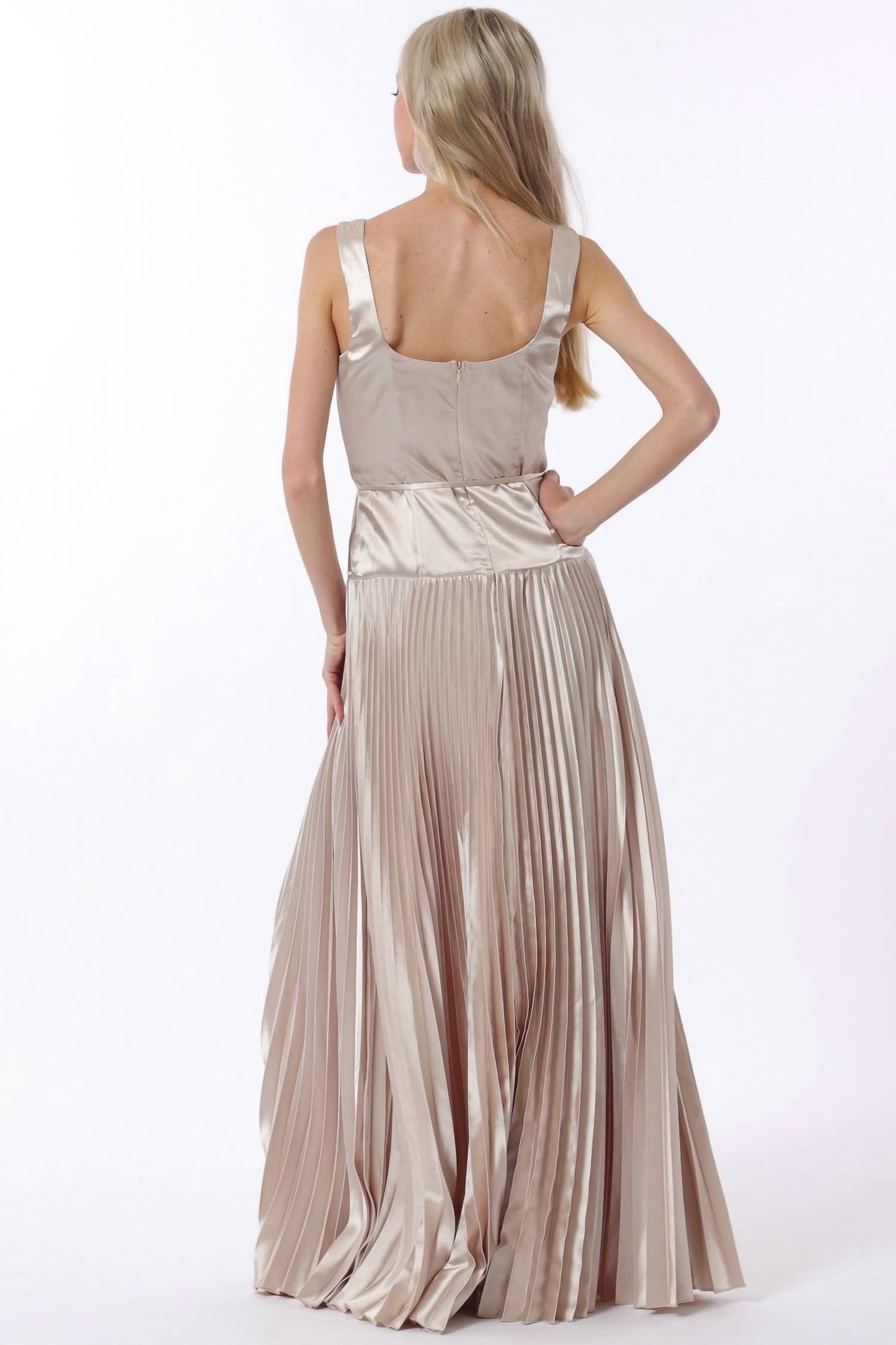 Aakaa - Sleeveless Tie Front Waisted Pleat Maxi Dress