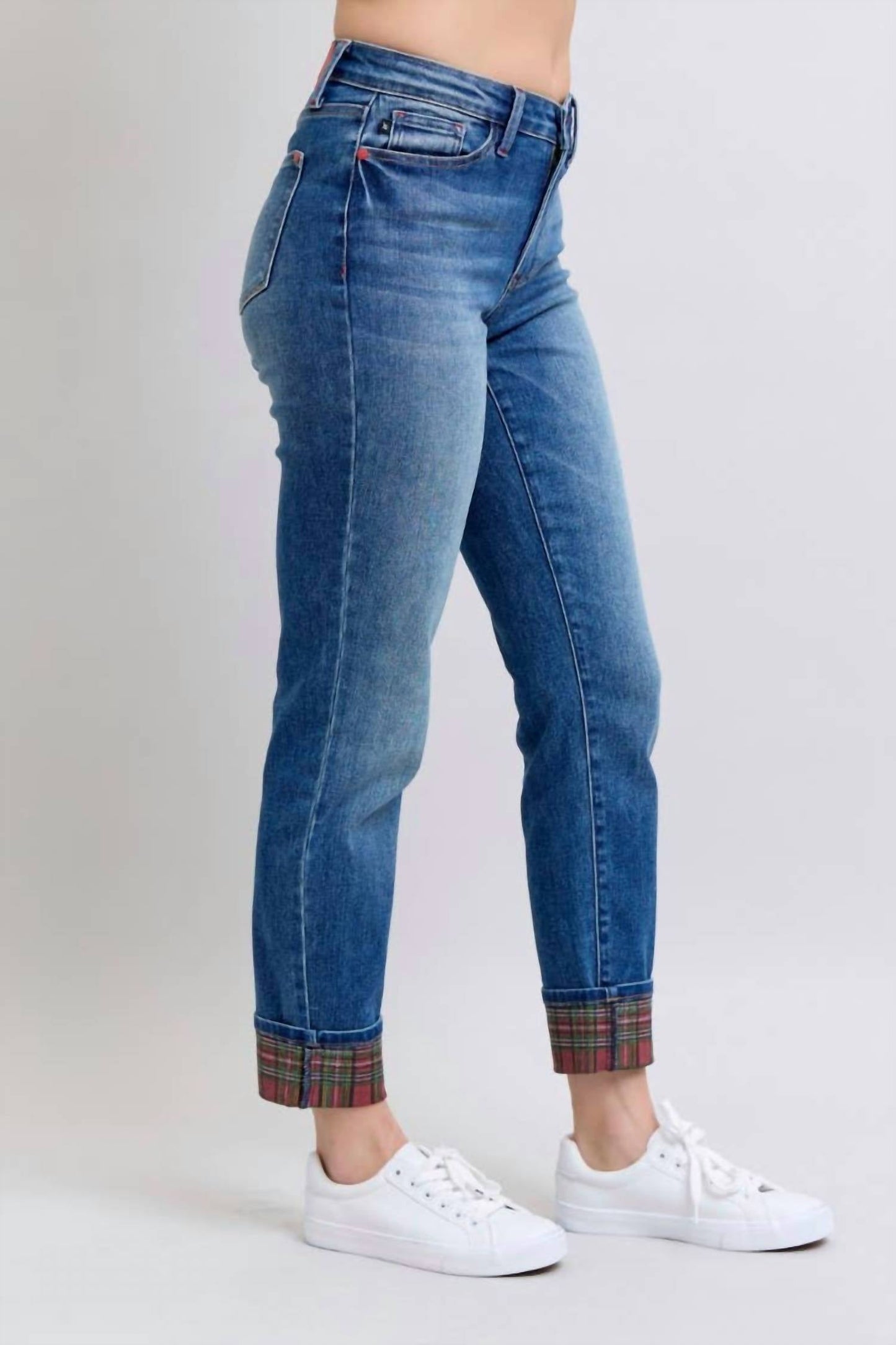 Judy Blue - Mid-rise Plaid Print Cuff Boyfriend Jeans