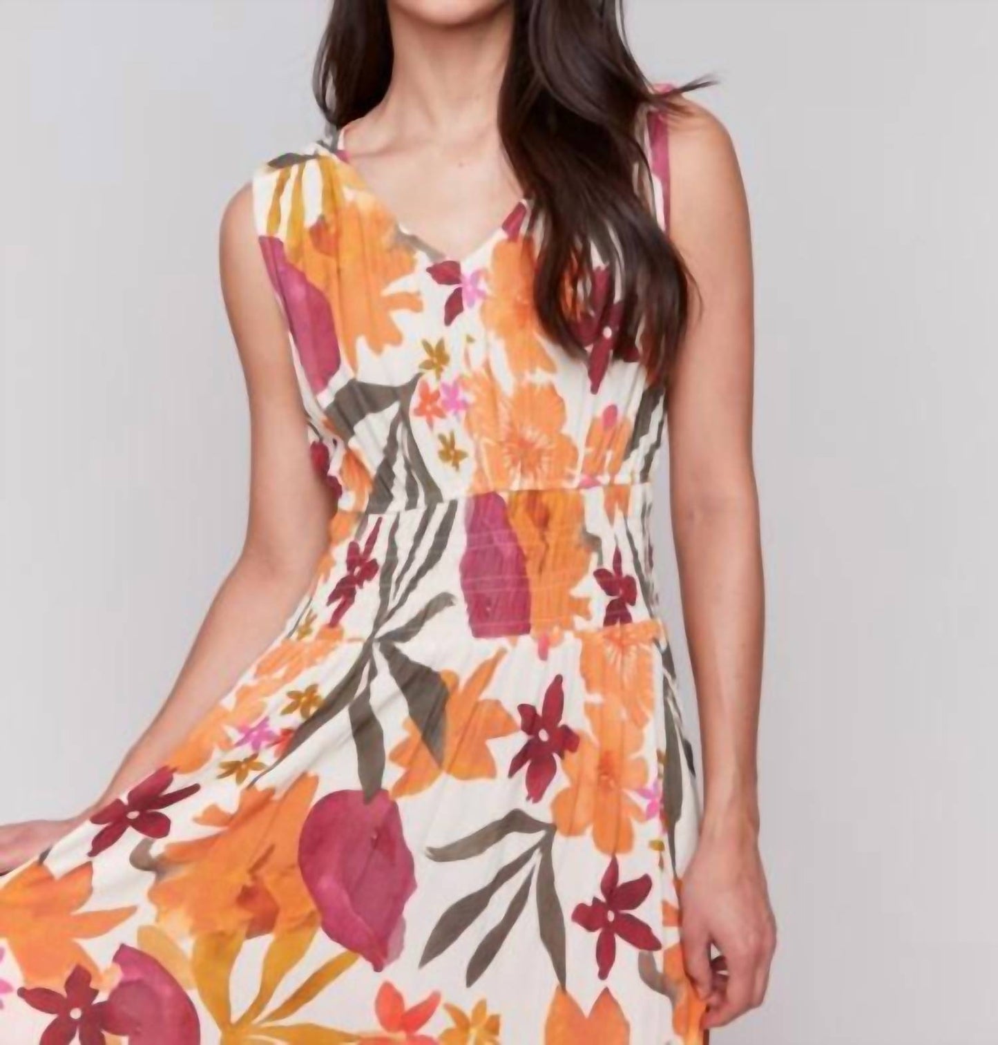 Charlie B - Printed Sleeveless V-neck Dress With Ruching At Empire Waist