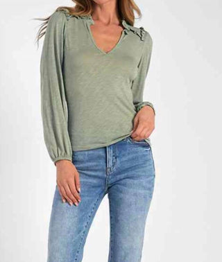 Elan - Long Sleeve V-neck Top With Ruffle Detail