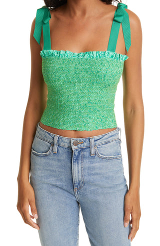 Alice + Olivia Penelope Smocked Ruffle Crop Top in Rare Feelings Jade, Size X-Large