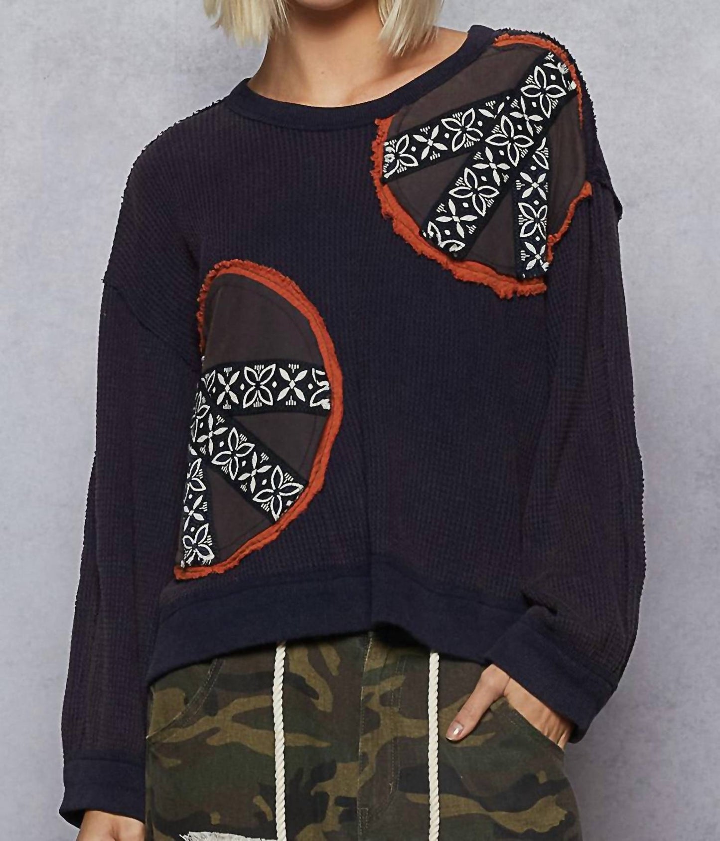 Pol - Waffle Knit Patch Work Pullover