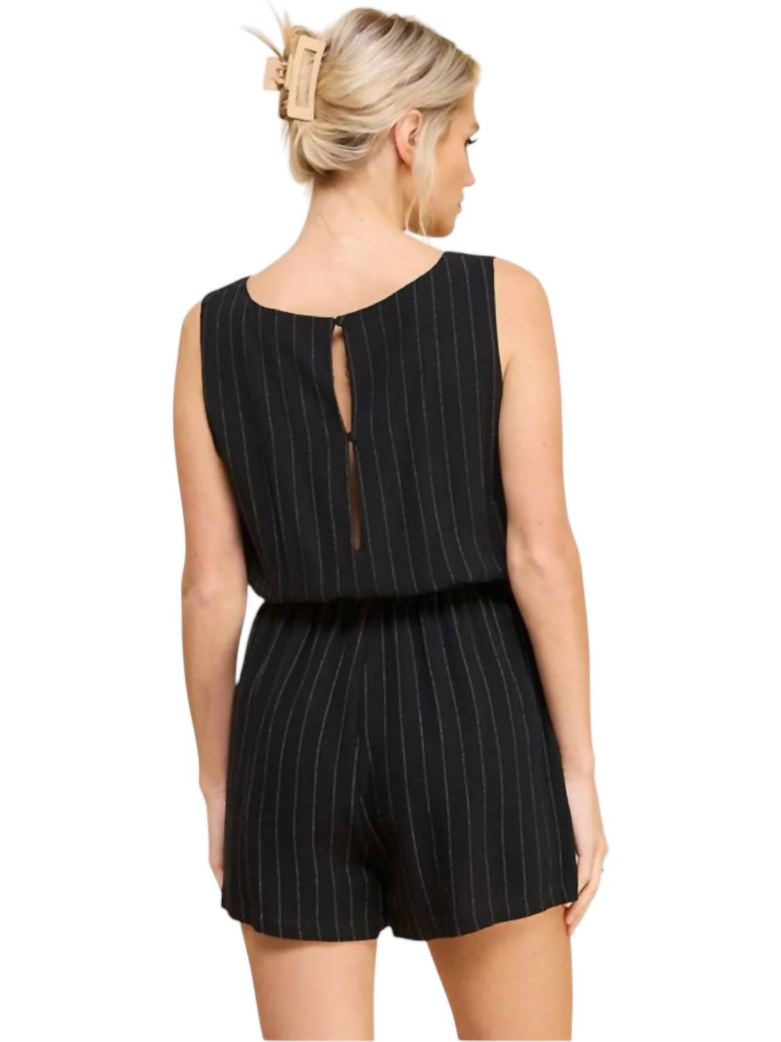 Allie Rose - Stripe Linen Blend Square Neck Romper