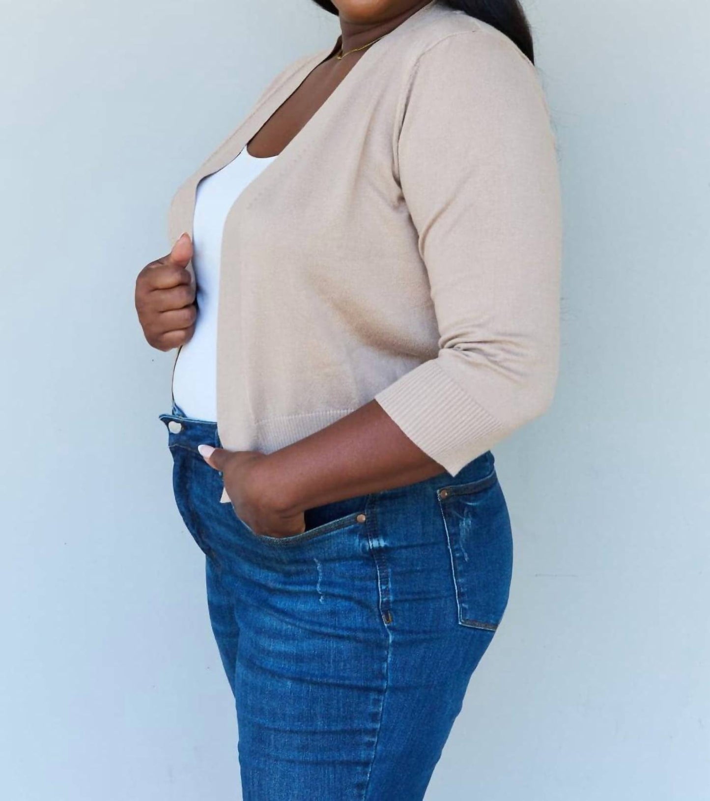 Doublju - Full Size 3/4 Sleeve Cropped Cardigan