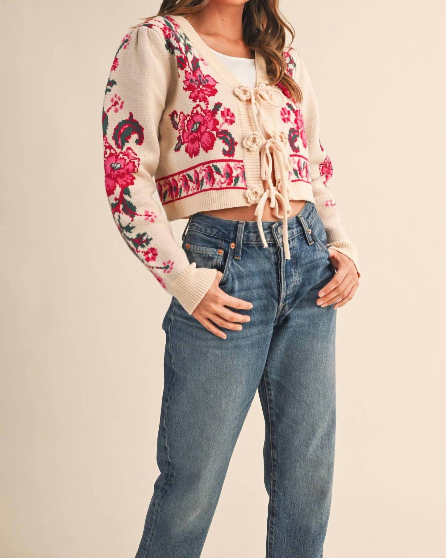 &Merci - Floral Knit Tie-front Cropped Sweater Cardigan