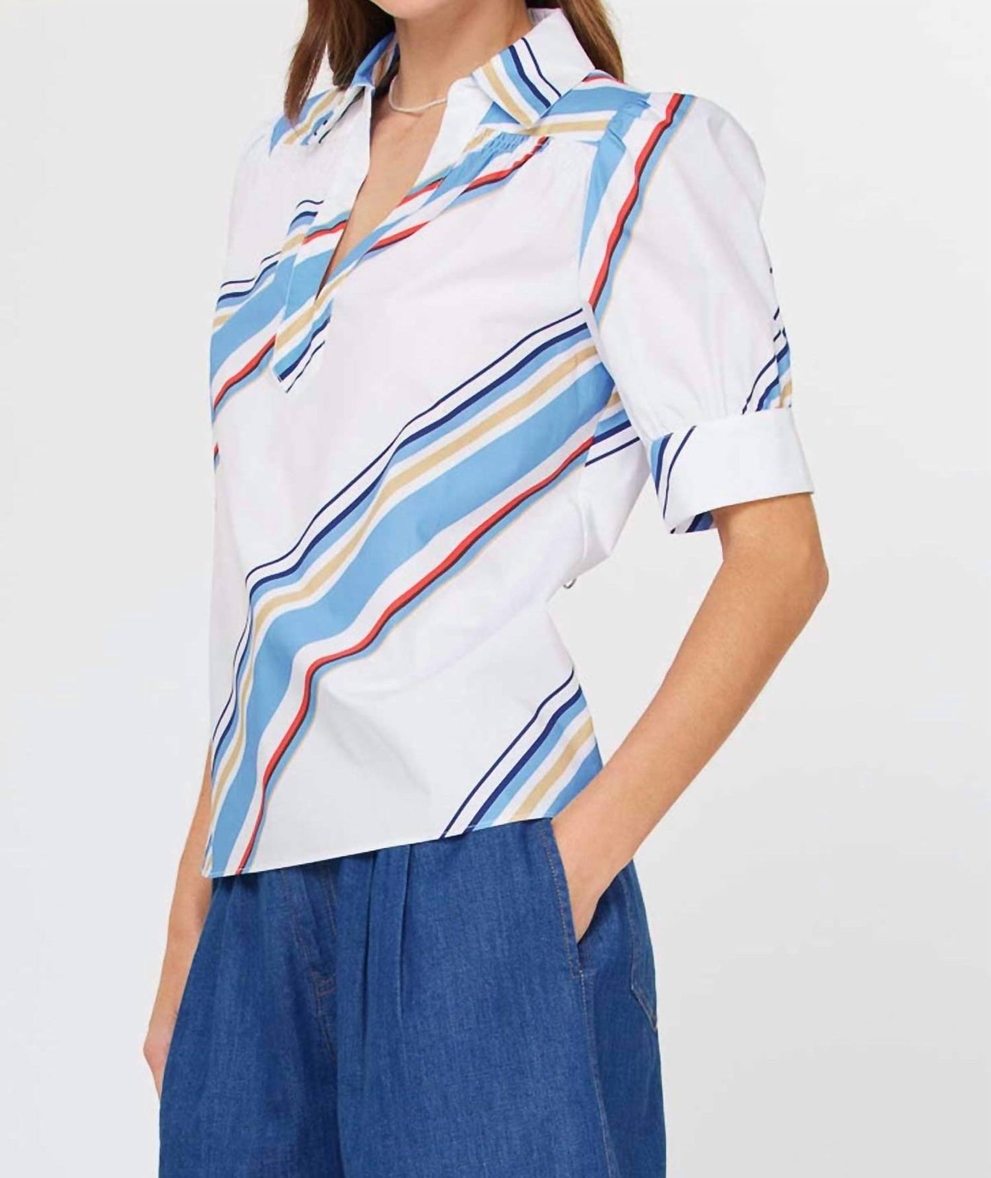 Current Air - Diagonal Stripe Split Neck Blouse