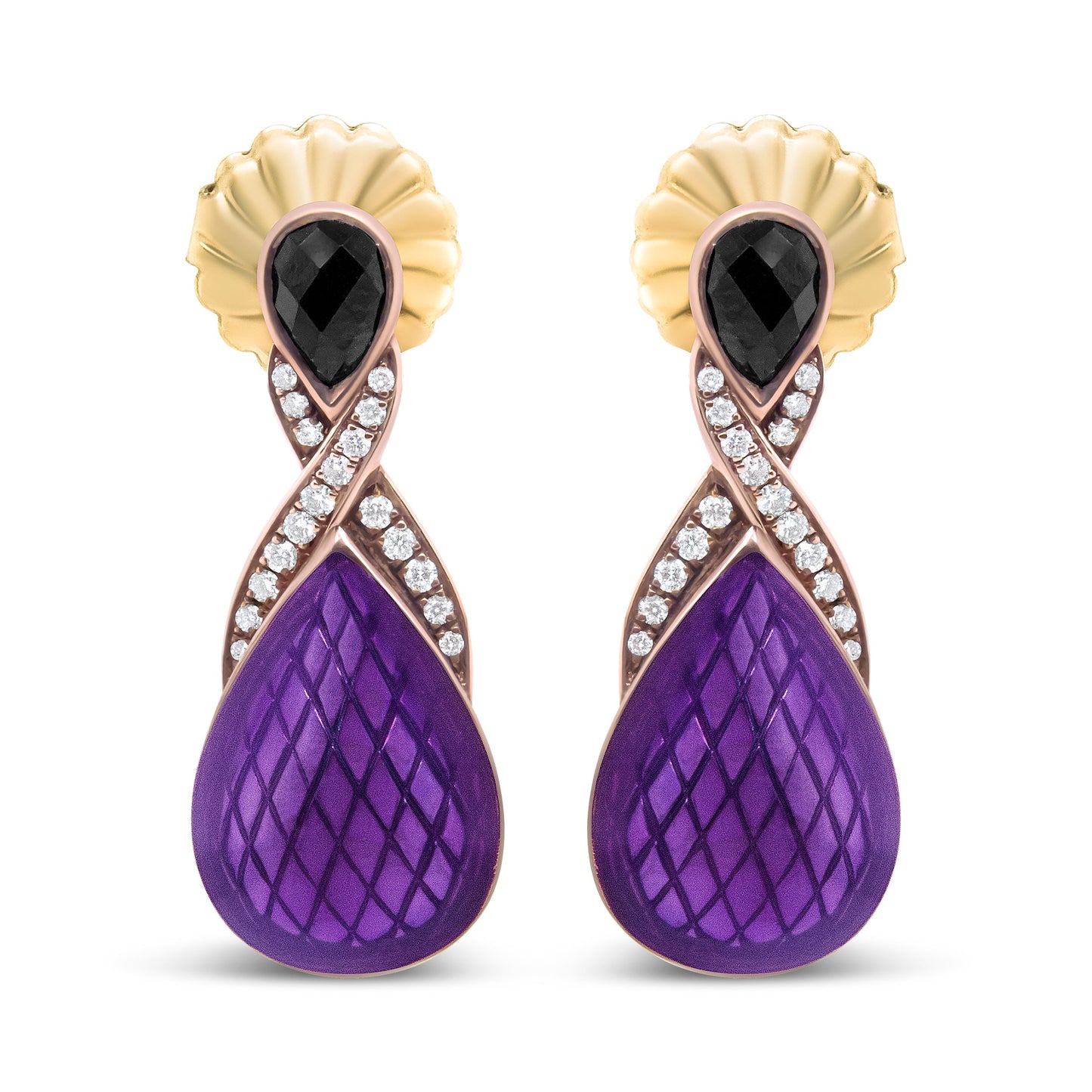 18K Rose Gold Flash Plated .925 Sterling Silver Purple Enamel 1/5 Cttw Round Pave-Set Diamond and 5.5 x 4mm Pear-Shaped Black Onyx Drop Earrings (F-G Color, VS1-VS2 Clarity)