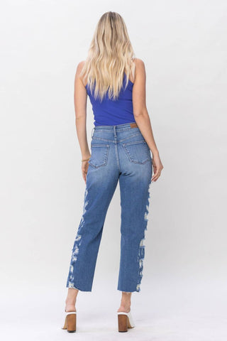 Judy Blue - Calça jeans cropped de cintura alta com costura lateral destruída
