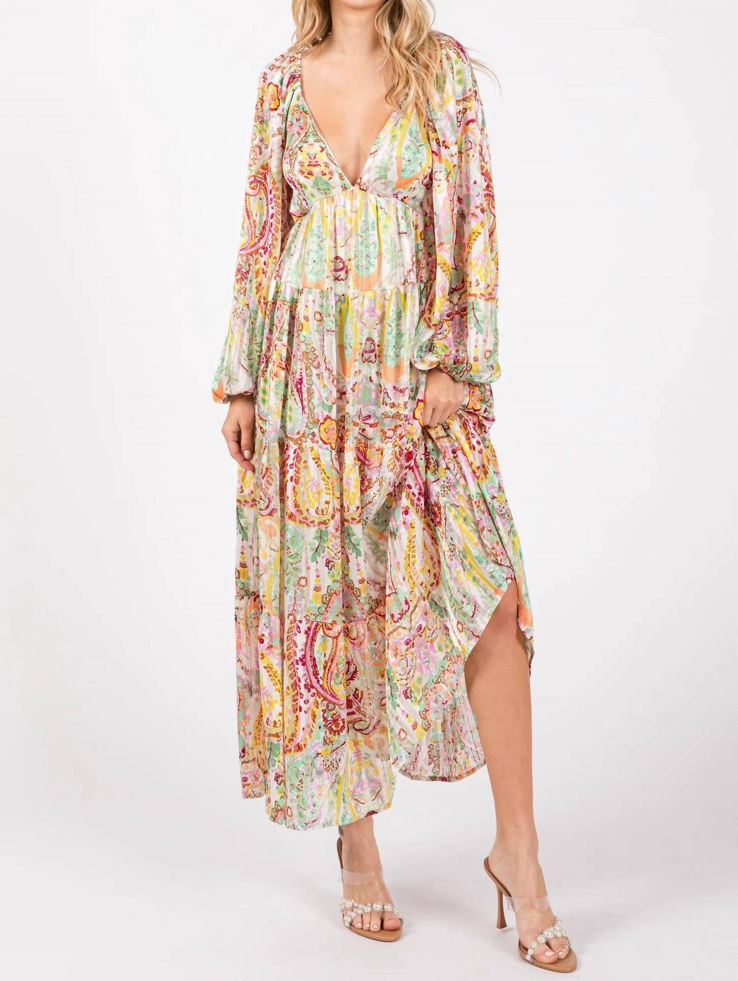 Baevely By Wellmade - Paisley Floral Metallic Striped Tiered Long Puff Sleeve Maxi Dress