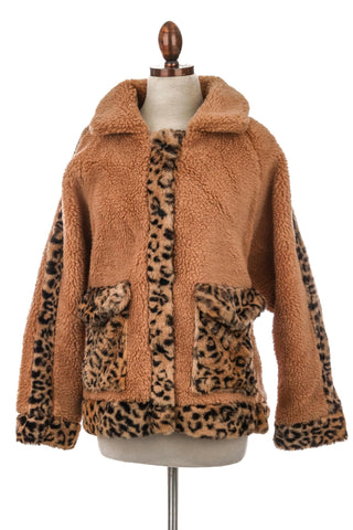 Anarchy Street - Jaqueta feminina com estampa de leopardo e sherpa