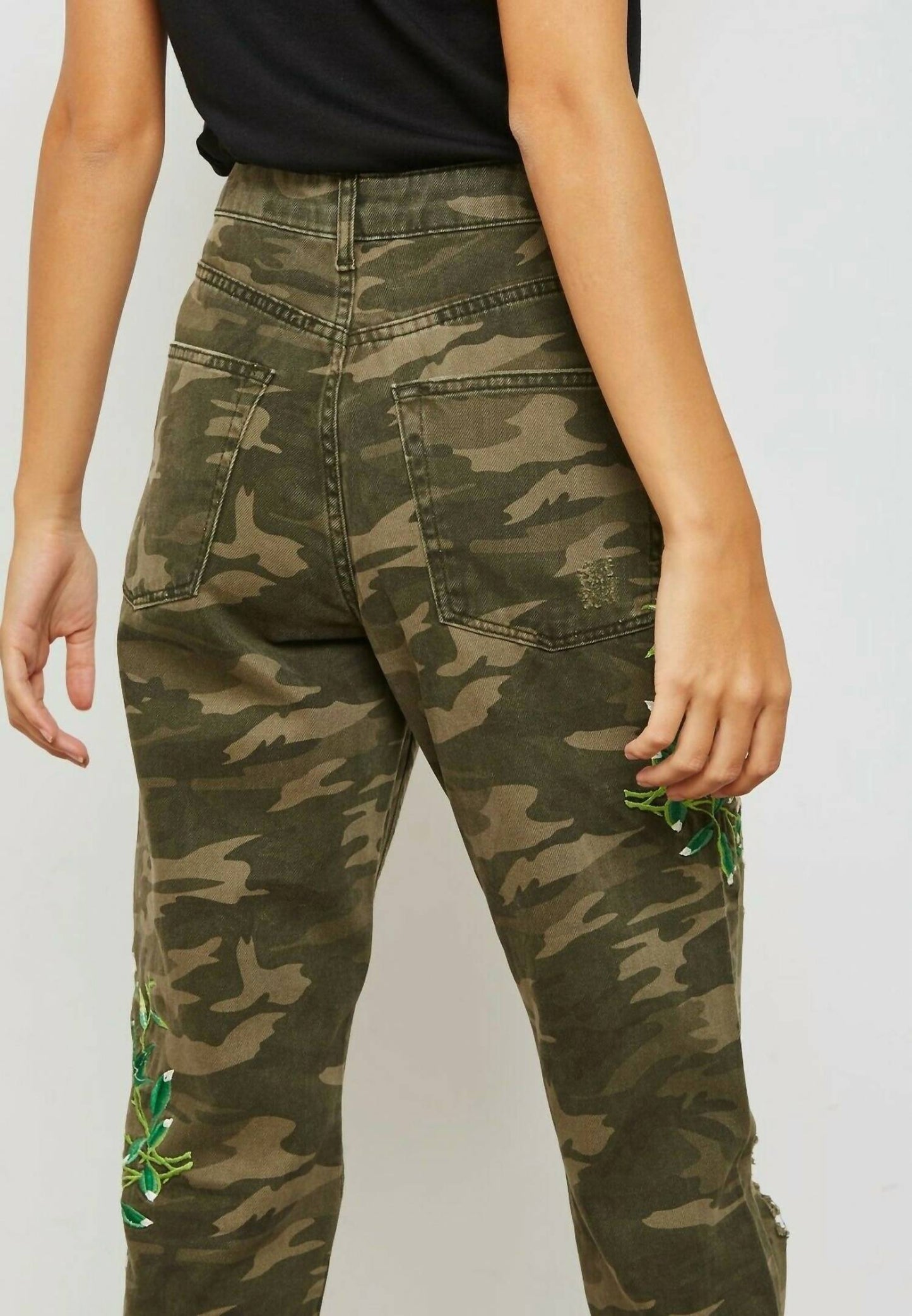 Topshop - High Rise Camo Print Floral Embroidery Ripped Mom Jeans