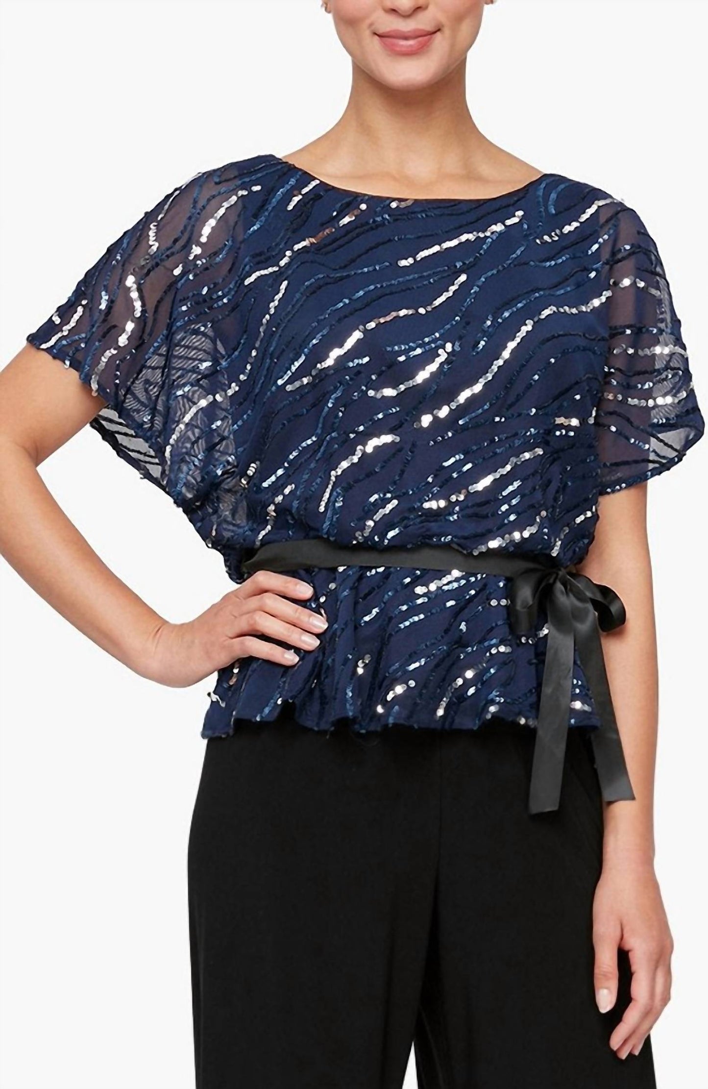 Alex Evenings - Short Sleeve Blouson Blouse with Tie Belt