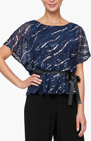 Alex Evenings - Short Sleeve Blouson Blouse with Tie Belt