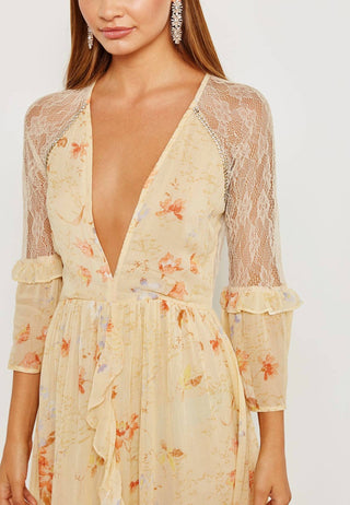 Topshop - Vestido midi com babados, renda e estampa floral
