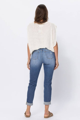 Judy Blue - Calça jeans boyfriend de cintura alta com punho