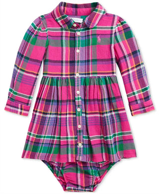 Polo Ralph Lauren - Vestido de sarja xadrez de algodão para bebês meninas