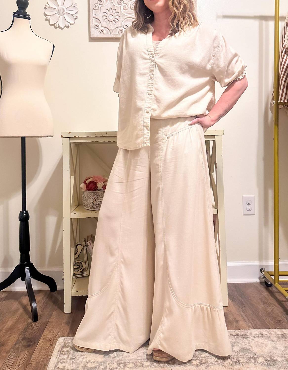 Risen - Linen Mix Ruffle Wide Leg Pants