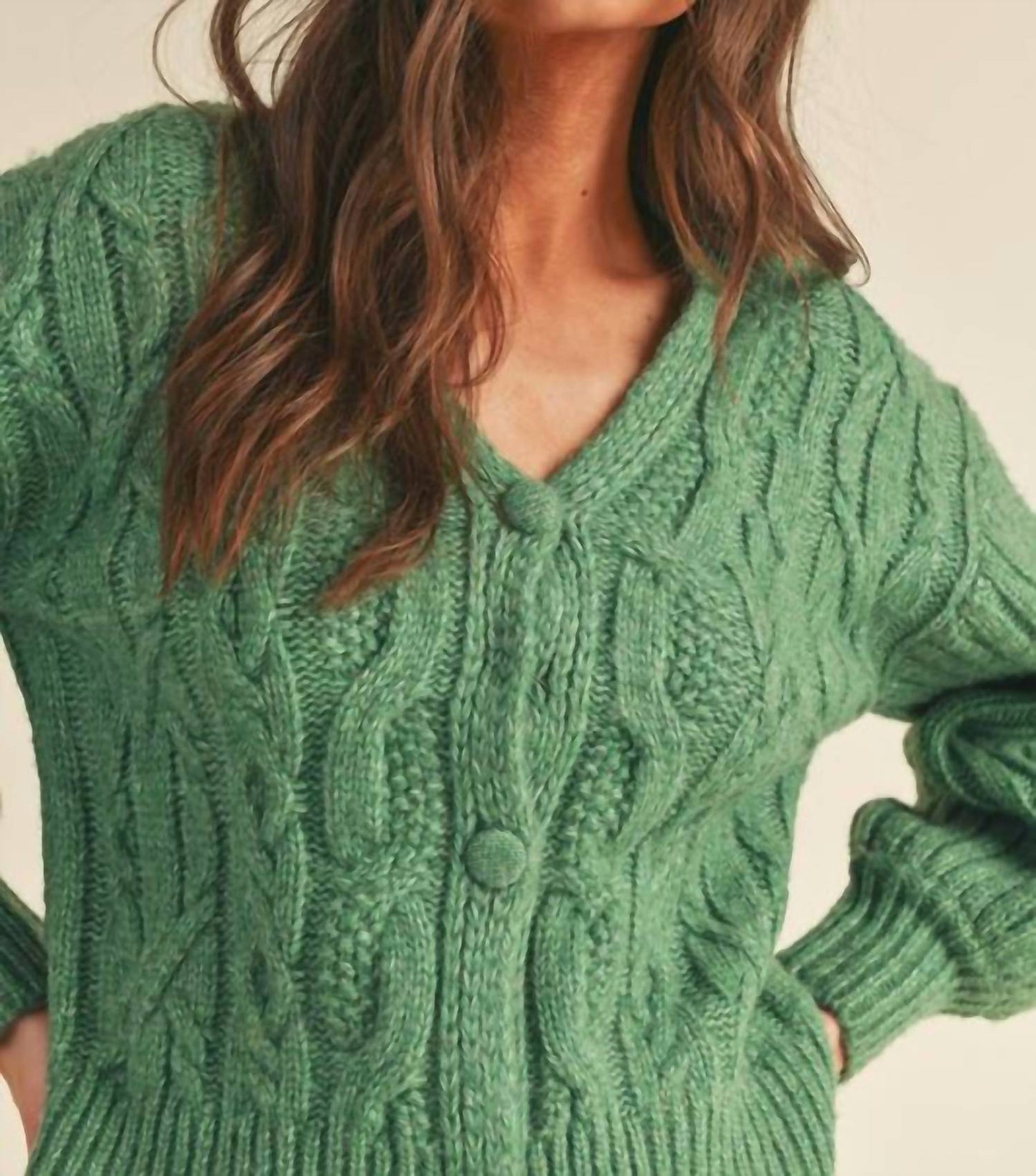 &Merci - CABLE KNIT PUFF SLEEVE SWEATER CARDIGAN