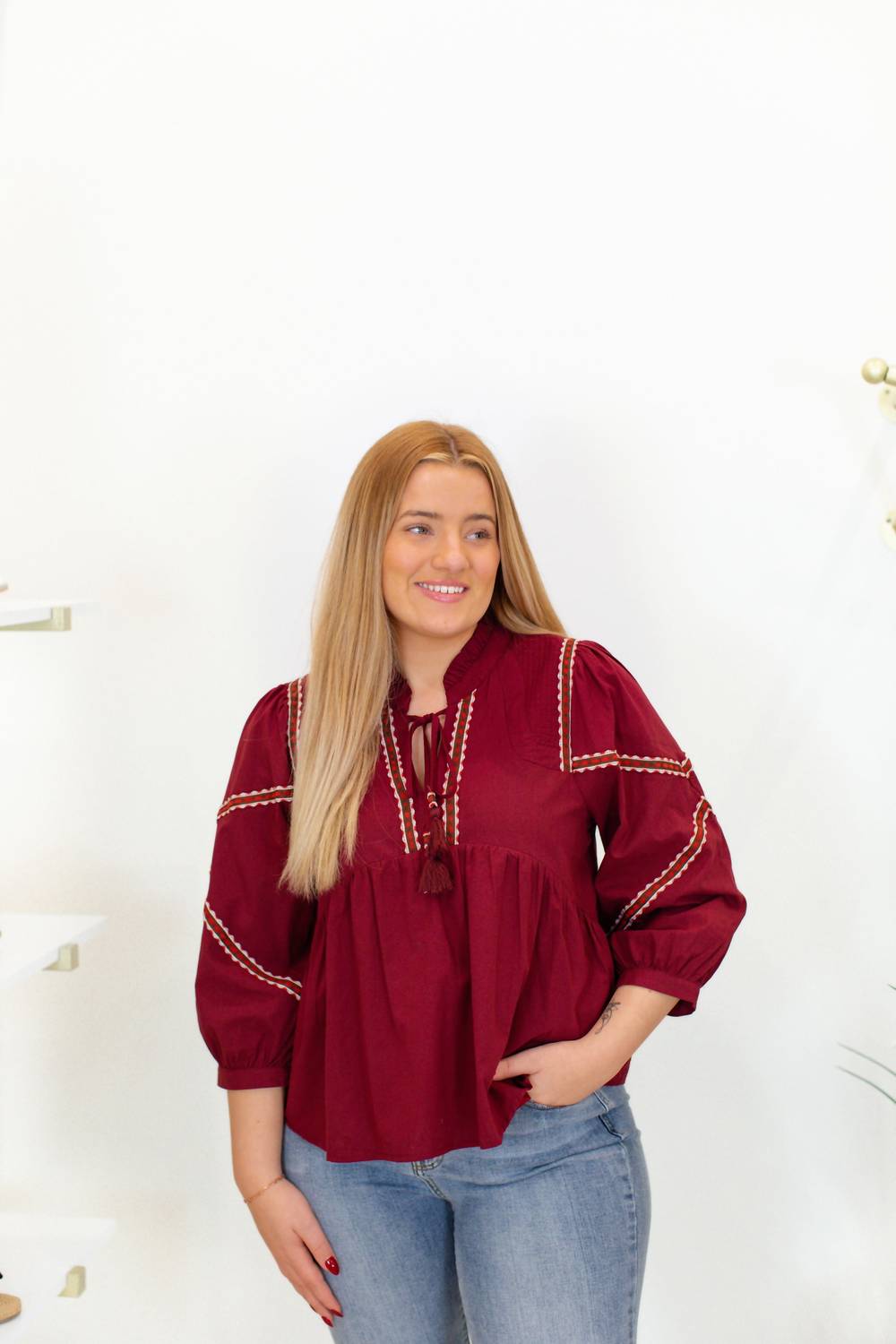 &Merci - Embroidered Trim Babydoll Blouse