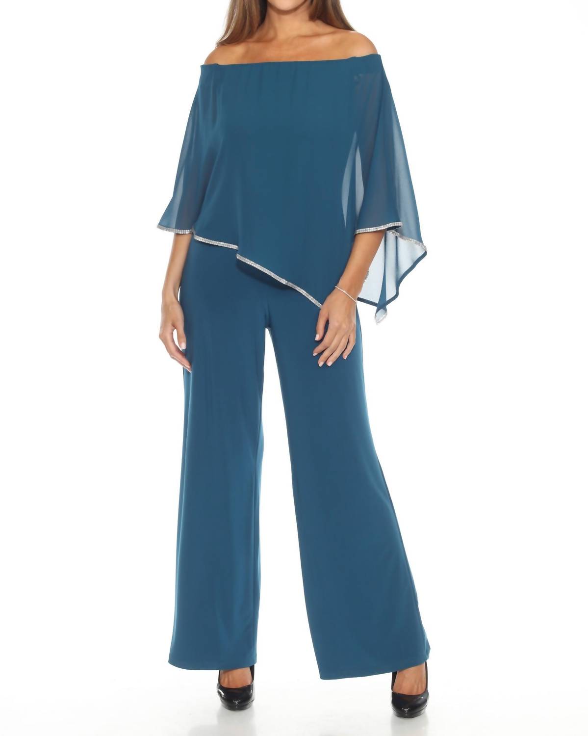 Joseph Ribkoff - Embellished Off-shoulder Chiffon Overlay Jumpsuit