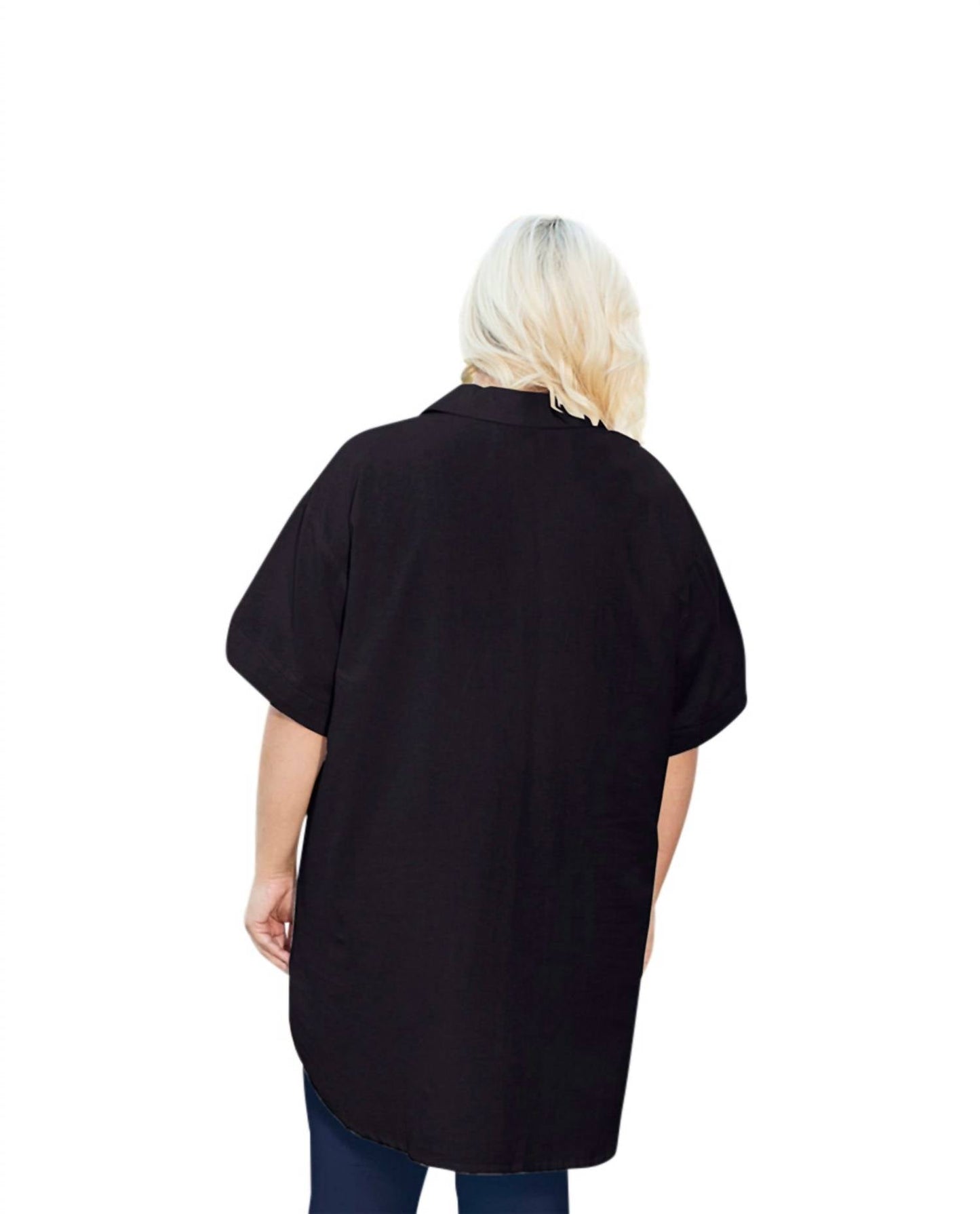 On The Plus Side - Crinkle Cotton Short Sleeve Collar Button Up Tunic - Plus