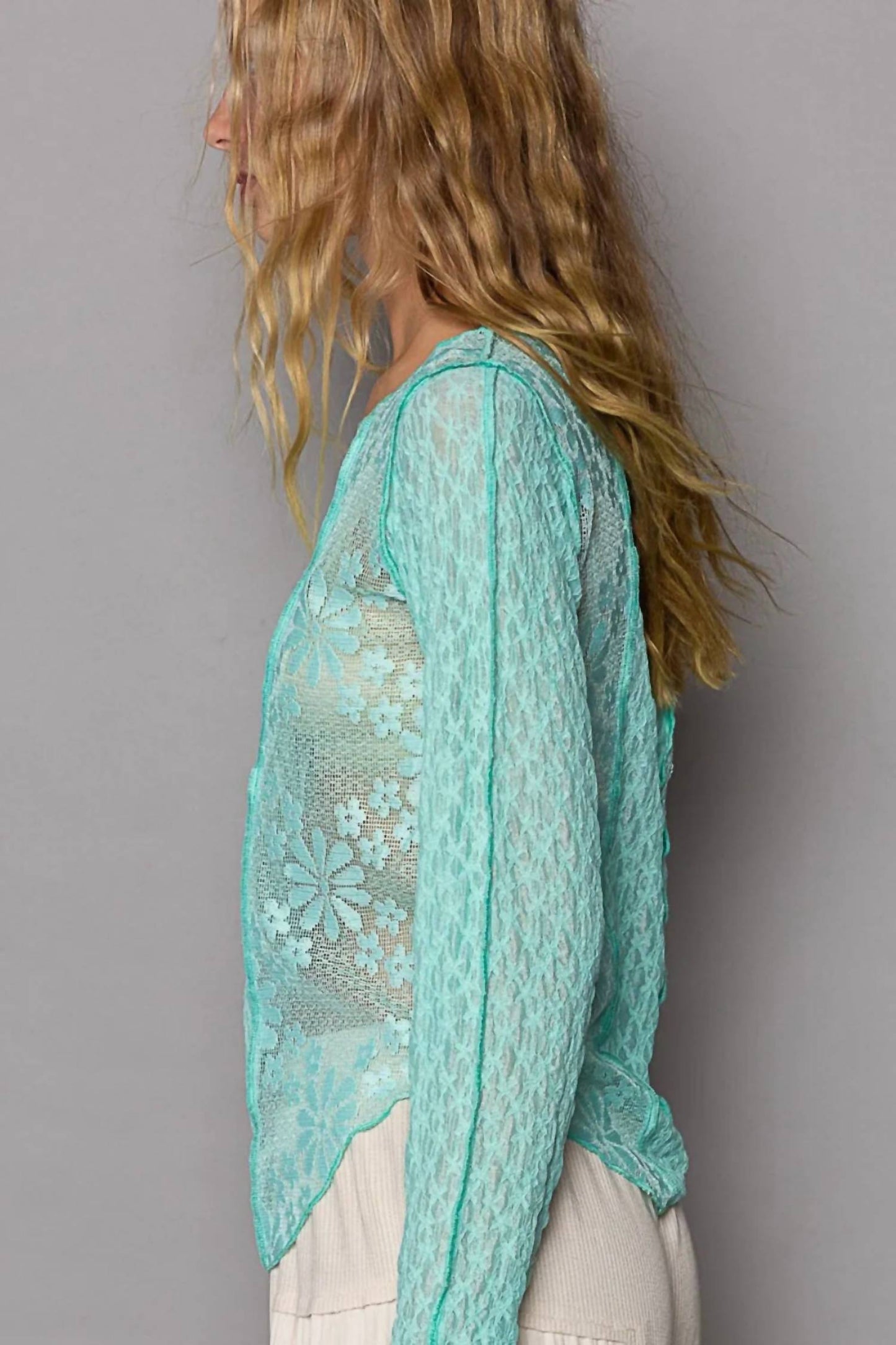 Pol - Exposed Seam Long Sleeve Lace Knit Top