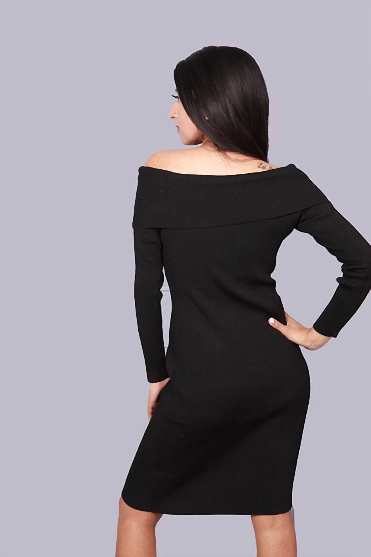 P.Cill - Plain Ribbed Cowl Neck Sweater Dress