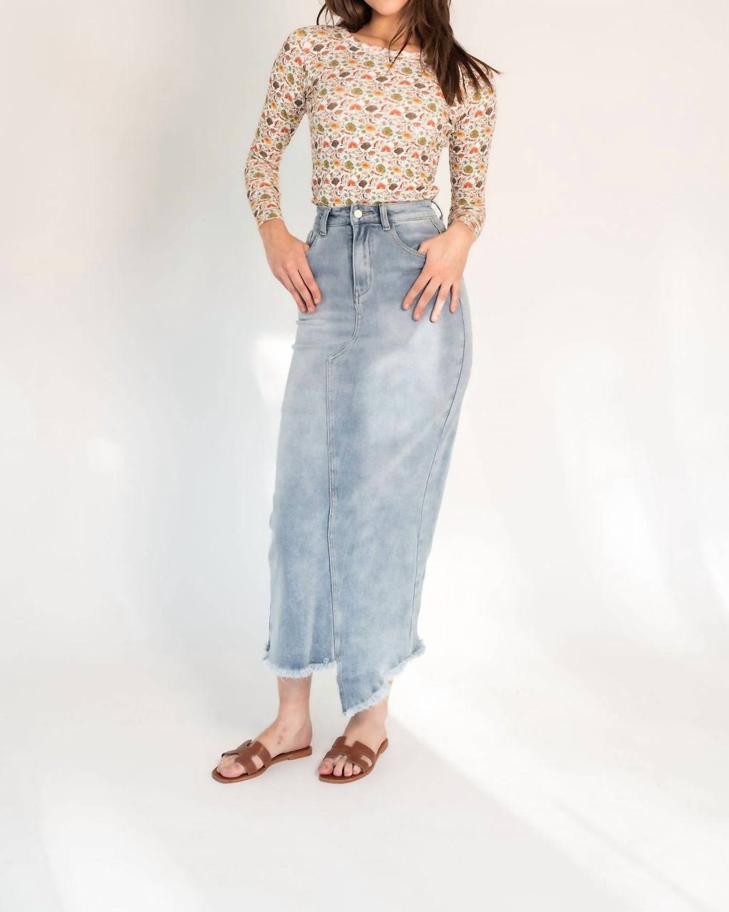 Recollection Brand - Frayed Hem Asymmetrical Stretch Denim Maxi Skirt