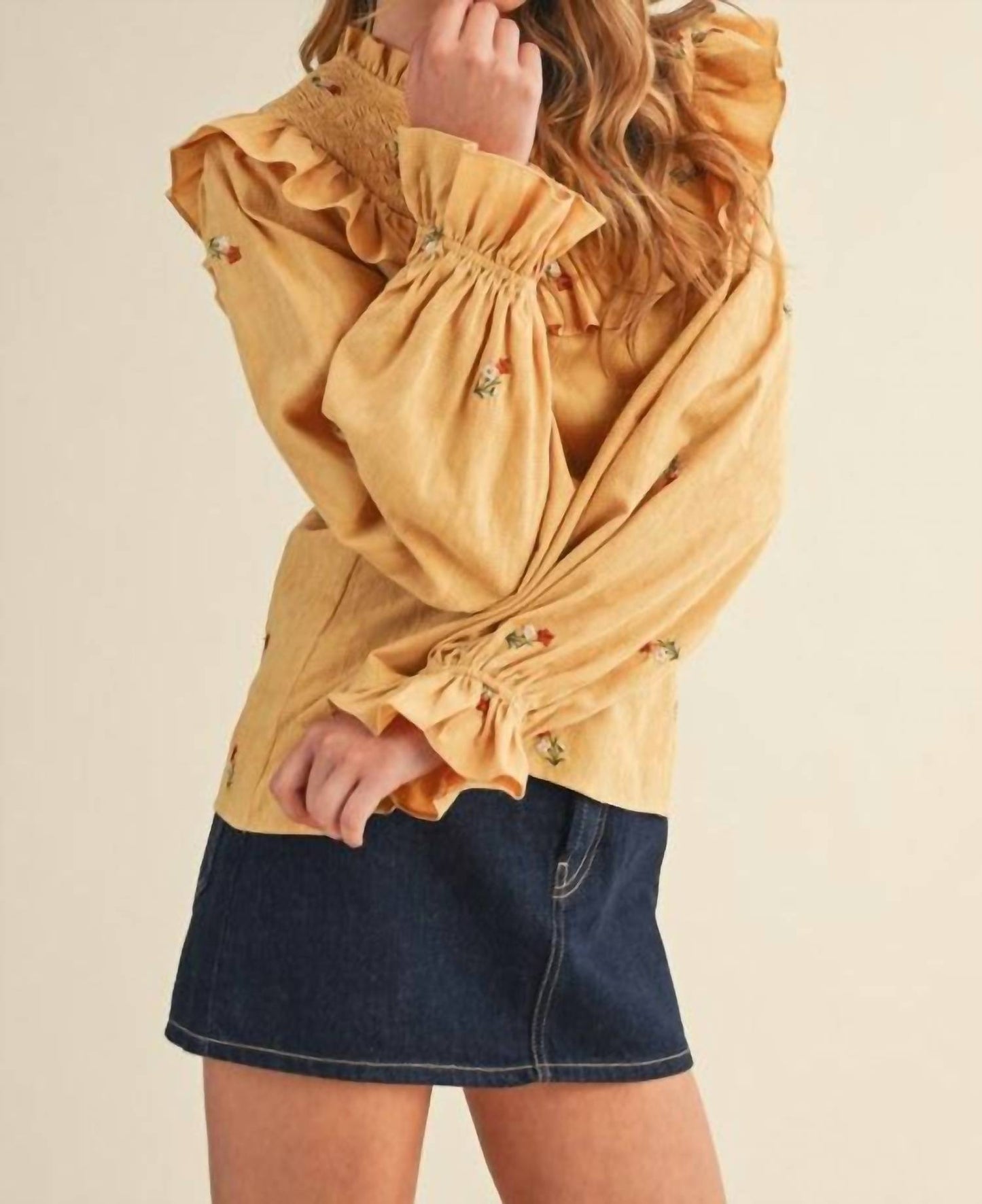 &Merci - Ruffled Smocked Embroidered Blouse